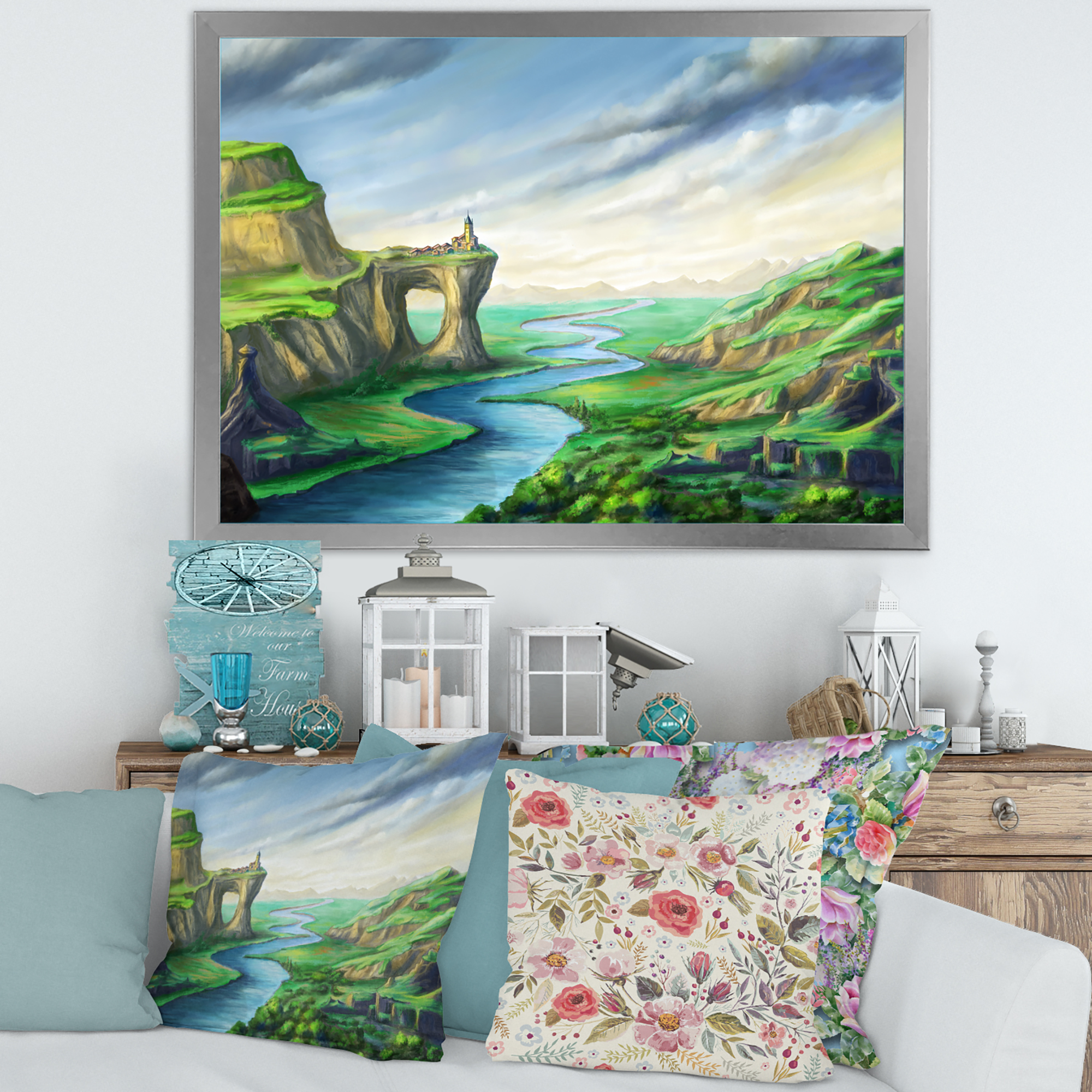 Meandering River With Blue Fantasy Landscape 32 in x 16 in Framed Painting Canvas Art Print, by Designart