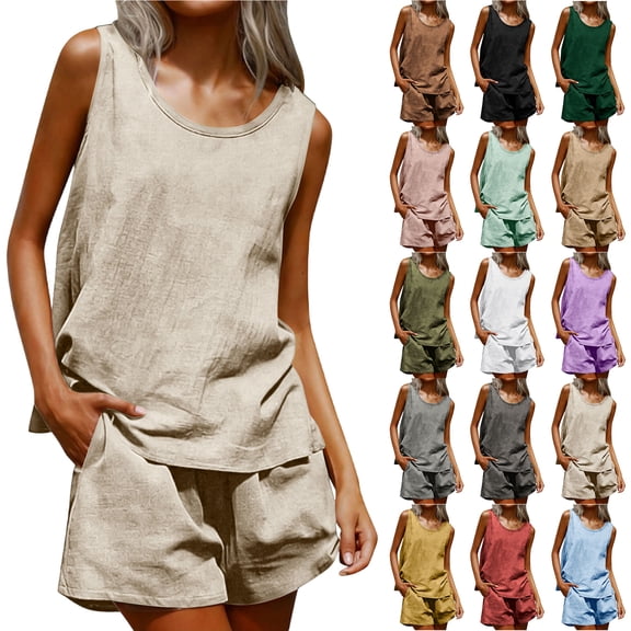 Bloomae Cotton Linen Shorts Sets Women 2 Piece Outfits Lightweight Summer Sleeveless Crewneck Tank Top and Short Pants with Pockets Beach Vacation Clothes Coffee S