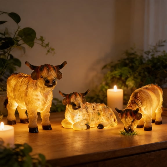 RKSTN Highland Cow Decor Figurines with Lights, Cow Resin Statue Calf Lovers Gifts for Xmas Home Room Valentine Easter Day Decor A