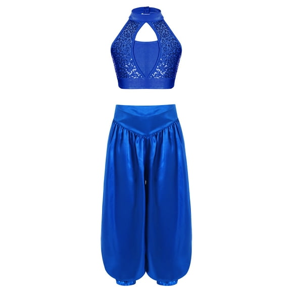 Sinleey Kids Girls Jazz Latin Street Belly Dance Outfit Halter Neck Sequins Sleeveless Crop Top with Wide Leg Bloomers Set Blue 16