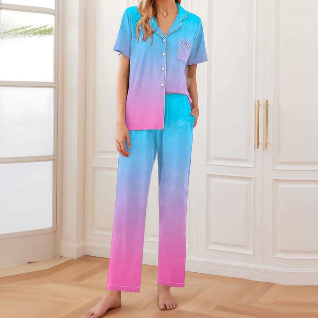 Pijama de manga corta con estampado fino y pantalones largos con solapa para mujer, top y pantalones de poliéster.