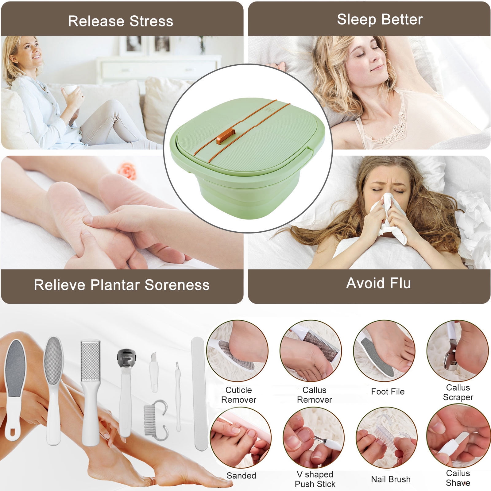 UNIFULL Foot Spa Bath with Heat and Temperature Control, Massager Roller, Bubble, Remote Control, Pedicure Kit, Red Light, Large Heating Foot Bath-Green