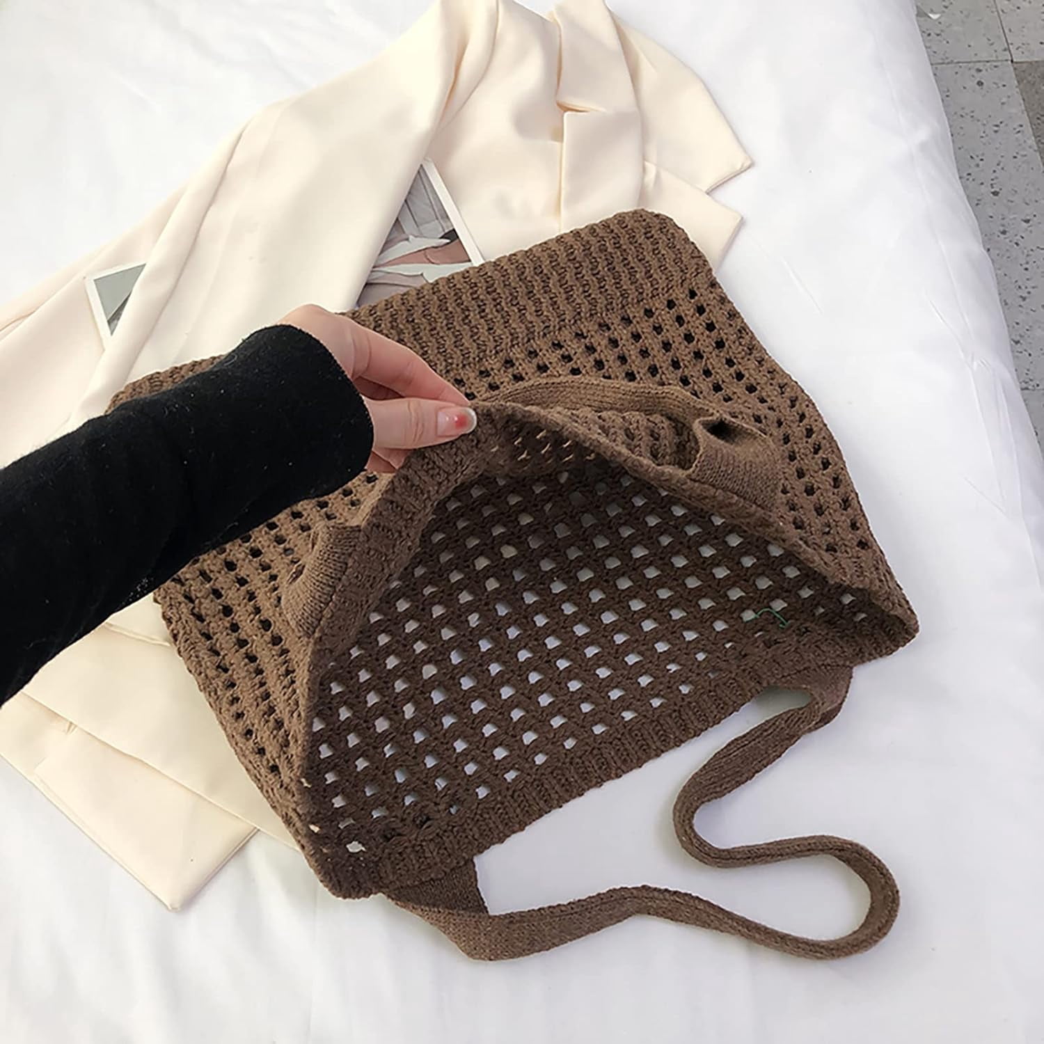 Kukuzhu Crochet Beach Bags for Women, Woven Travel Tote Fishing Net Handbag Shopping Large Hobo Shoulder Bag for for Holiday