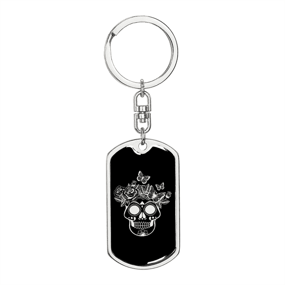 Calavera Mexican Sugar Skull 135 Stainless Steel or 18k Gold Premium Swivel Dog Tag Keychain