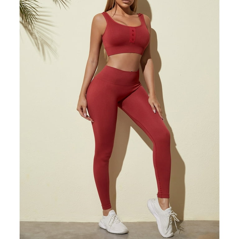 Zimi Workout Outfits for Women 2 Piece Seamless Rib-knit Sports Bra High  Waist Yoga Leggings Sets Red M 