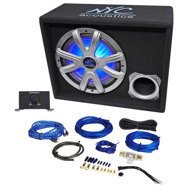Nyc Acoustics Nse10l 10 1000w Powered Car Subwoofer Led Sub Enclosure Wire Kit