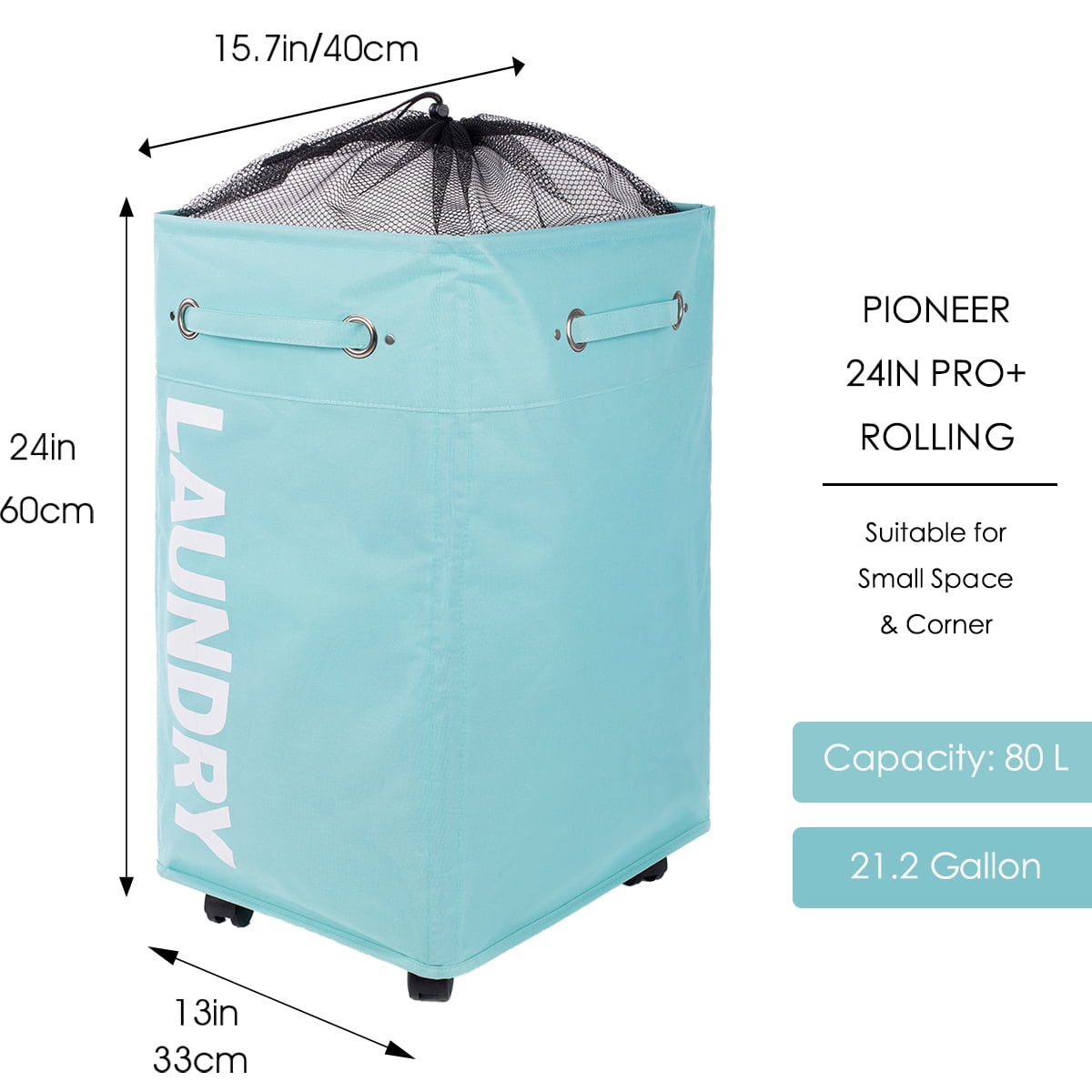Caroeas 24" Pro+ Wheeled Laundry Hamper Light Blue Breathable Cover Heavy Duty Laundry Sorter Dirty Clothes Organizer Waterproof Foldable Laundry Basket Extra Large Cotton Laundry Bag
