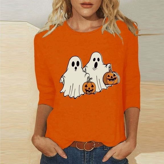 DailyTrove Women's Halloween Long - Sleeve Top, Ghost & Pumpkin Print, Casual Fit, Soft Fabric, Halloween Parties & Daily Casual