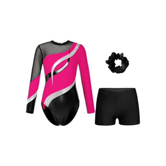 Doomiva Kids Girls Gymnastic Leotard Dance Biketard Unitard Bodysuit with Tumbling Athletic Shorts Scrunchies Set Hot Pink&Black 6