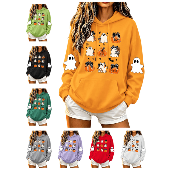 Busydd Halloween Graphic Hoodies For Women Trendy Cute Ghost Pumpkin Print Fall Tops Casual Long Sleeve Drawstring Hooded Sweatshirt With Pocket