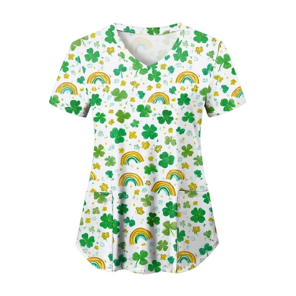 felwors Scrubs for Women Tops Animal Print Shirt V Neck Cartoon Pattern Short Sleeve Nursing Uniform with Pockets (Mint Green, XL)