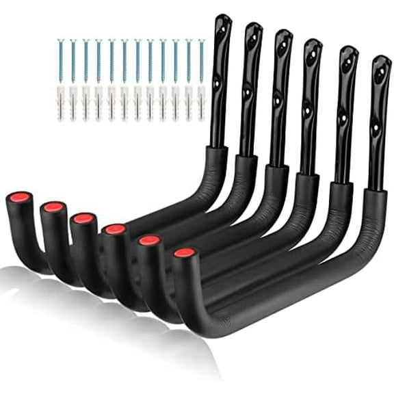 6 Pack Kayak Storage Hooks, 15.5 Inch Wall Mount Canoe Hangers, Heavy Duty Snowboard Storage Rack Holds Up to 100lbs, Black Red, 15.5Inches x 10.5''