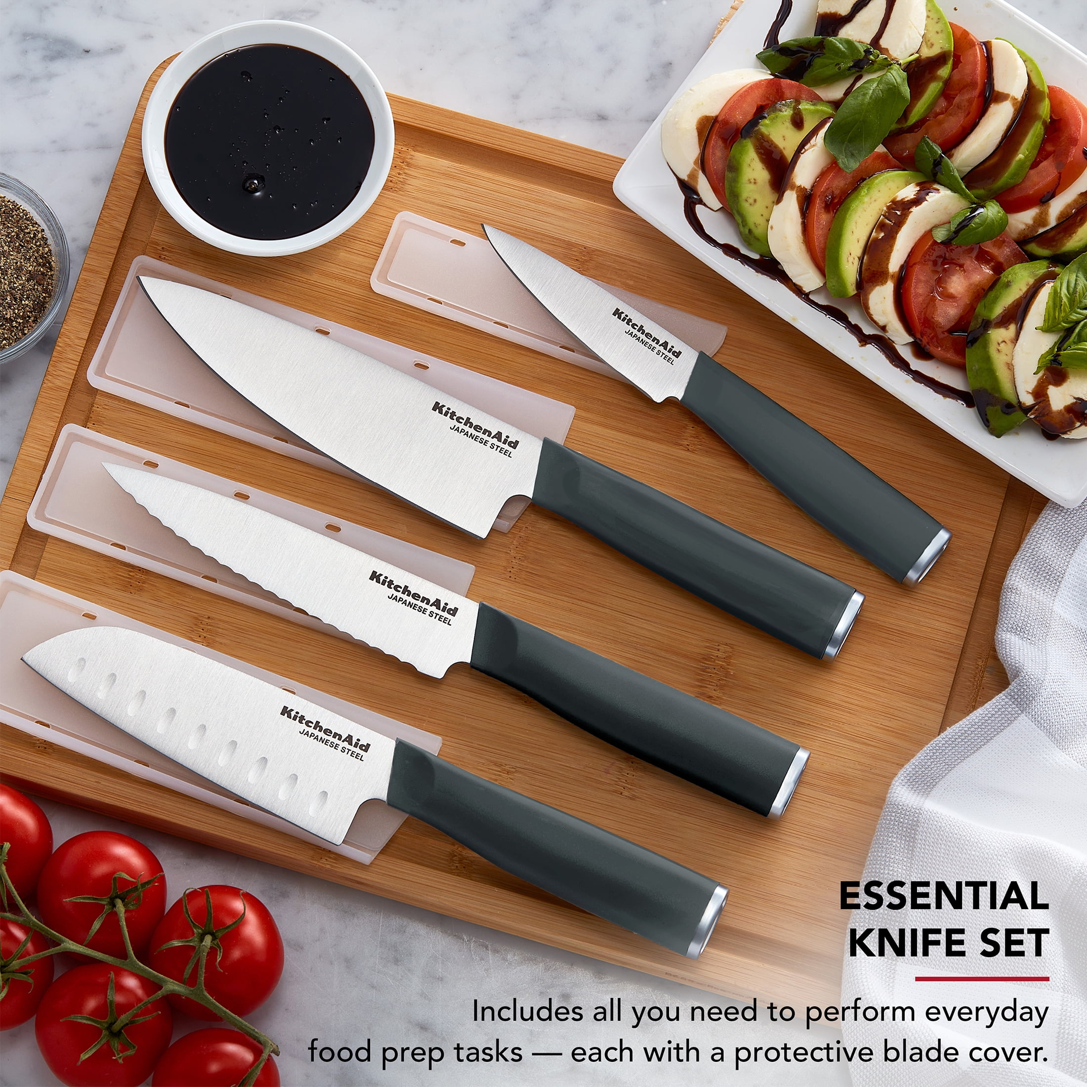 KitchenAid 4-Piece Chef Knife Set with Blade Covers, High-Carbon Japanese Steel, Charcoal Gray