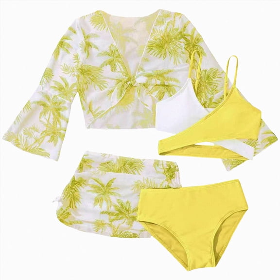 BOBOGOJP Girls Swimsuit Teen Cute Bathing Suits 4 Tropical Print Beach Bikini Sets with Cover Up Yellow for Size 11-12 Years