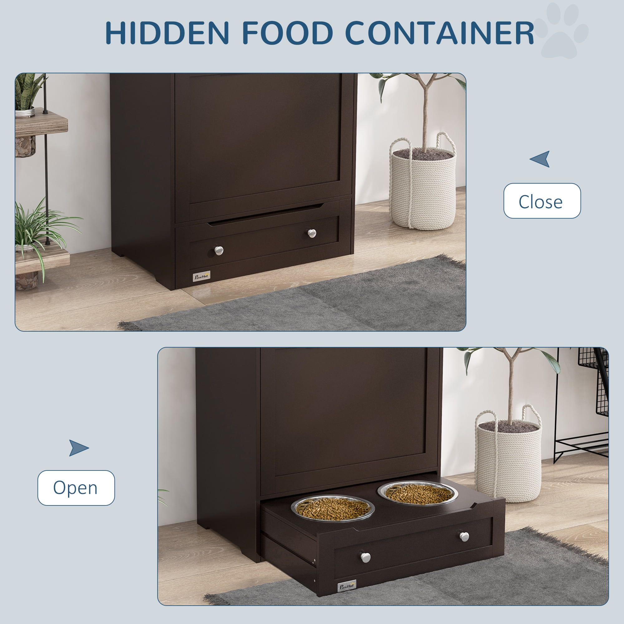 Dog Bed PawHut Pet Feeder Station, Storage Cabinet Dog Food Storage Container with Raised Dog Bowls and Hanger for Feeding & Watering Supplies, Brown,Large Dog Bed