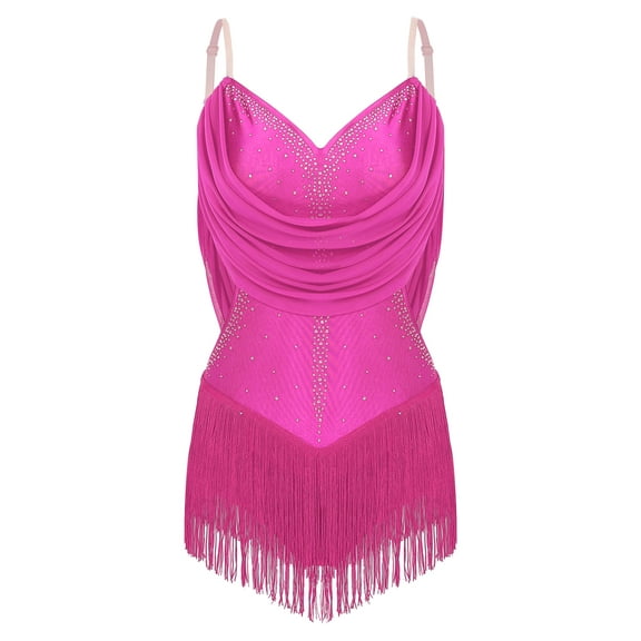Hansber Women Latin Dance Dress Fringe Tassels Skirt Leotard Tango Cha-cha Salsa Rumba Performance Dancewear Hot Pink L