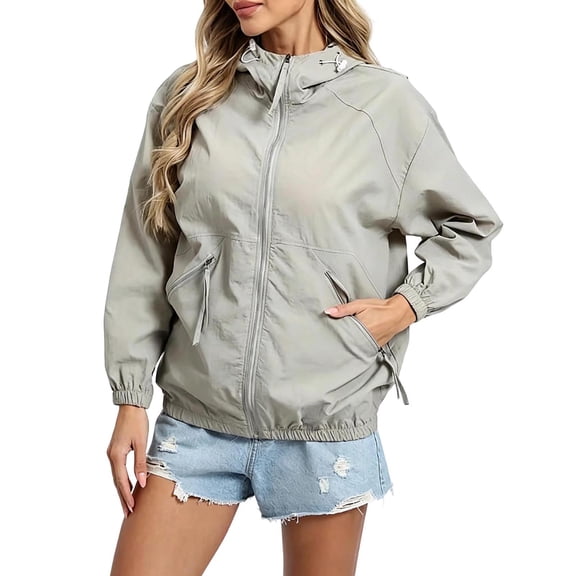yeiolnoer Coats for Women Windproof Outdoor Hooded Tops Loose Fit Long Sleeve Zip Up Jackets with Pockets(Grayaa1,X-Large)
