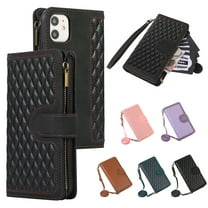 ELEHOLD Wallet Case for iPhone 11 6.1",Premium Leather Argyle Pattern 9 Card Slots Zipper Pocket Kickstand Crossbody Shoulder Strap Wriststrap Luxury Purse Case for iPhone 11,Black