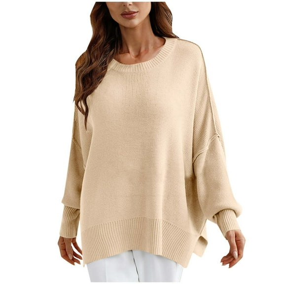 Herrnalise Women's Long Sleeve Oversized Crew Neck Solid Color Knit Pullover Sweater Tops Sweater Top Coat Beige,M