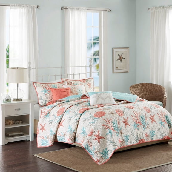 Bedding Sets 6 Piece Cotton Sateen Quilt Set with Throw Pillows Coral Full/Queen,Bed Sets