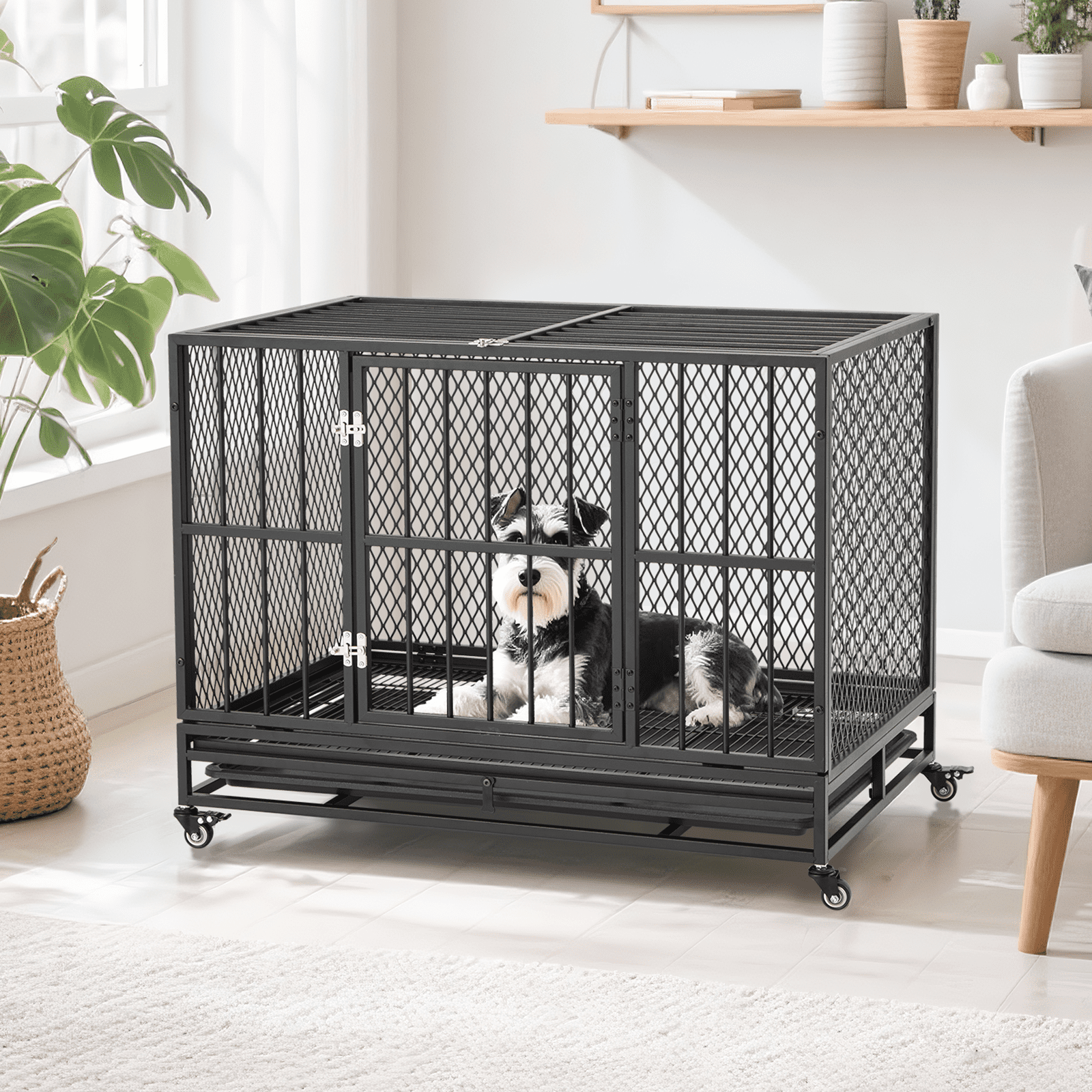 Erinnyees 37" Heavy Duty Dog Crate, Folding Large Dog Kennel for Medium Large Dogs, Metal Dog Cage with Lockable Wheels, Dual Locks, Removable Tray, Easy Assembly