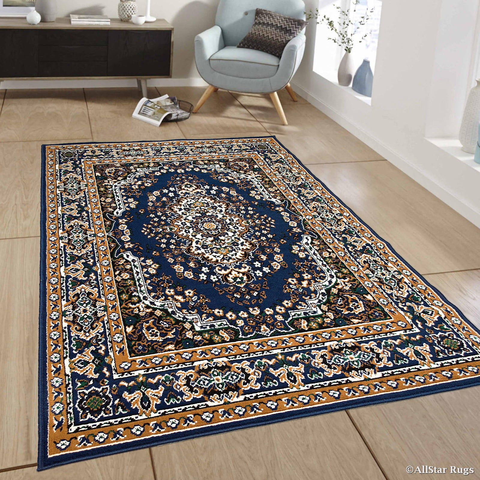 Quality Rugs Blue Allstar Blue Woven High Quality Rug. Traditional. Persian. Flower ...