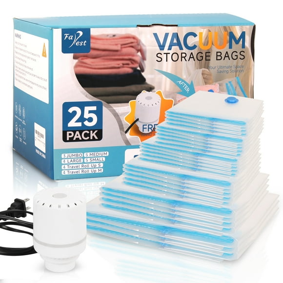 Farest Bolsa de 25 Bolsas de Almacenamiento Al Vacío con Bomba de Aire Eléctrica, Ahorro de Espacio para Ropa, Ropa de Cama y Viajes