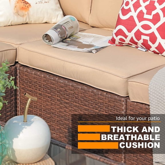 Outdoor Wicker Loveseat 2 Pieces, All Weather Brown PE Rattan Sectional Corner Sofa Set, Additional Extra Chairs for Outdoor Sectional Sofa Set, Beige Cushion$$Garden & Patio