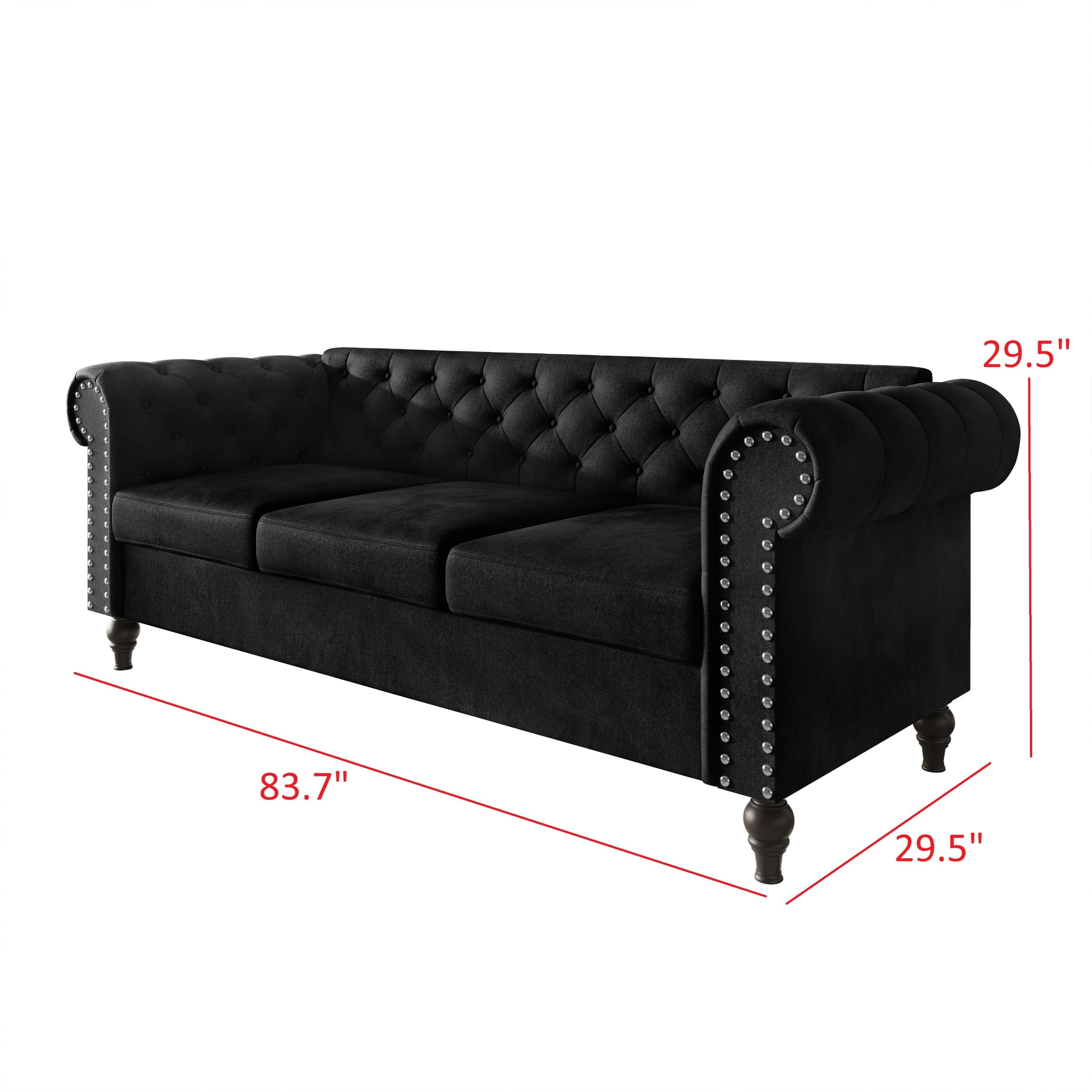 Home Design Kelso Velvet Rolled Arm Sofa with Deep Button Tufting, Nailhead Trim and Turned Legs, Black