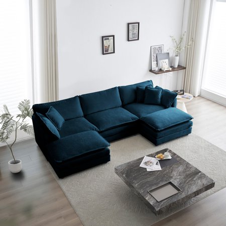 3-Seater U-Shaped Sectional Sofa w/Reversible Footrest Convertible Corner Couch with 2 Ottomans Minimalist Soft Sofa & Couch for Living Room (Blue)