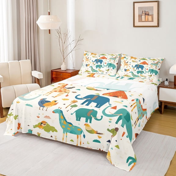 Castle Fairy Animal Elephants Giraffe Twin Sheet Sets 3pcs for Kids Boys Girls,Cartoon Wildlife Twin Fitted Sheet Microfiber,Cute Kawaii Breathable Flat Sheet,Luxury Bedroom Decor
