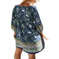 thumbnail image 2 of PENGXIANG Robe d'Été Bohème Imprimée Florale pour Femmes Manches 3/4 Col en V Décontractée Ample Fluide Plage Mini Robes, 2 of 5