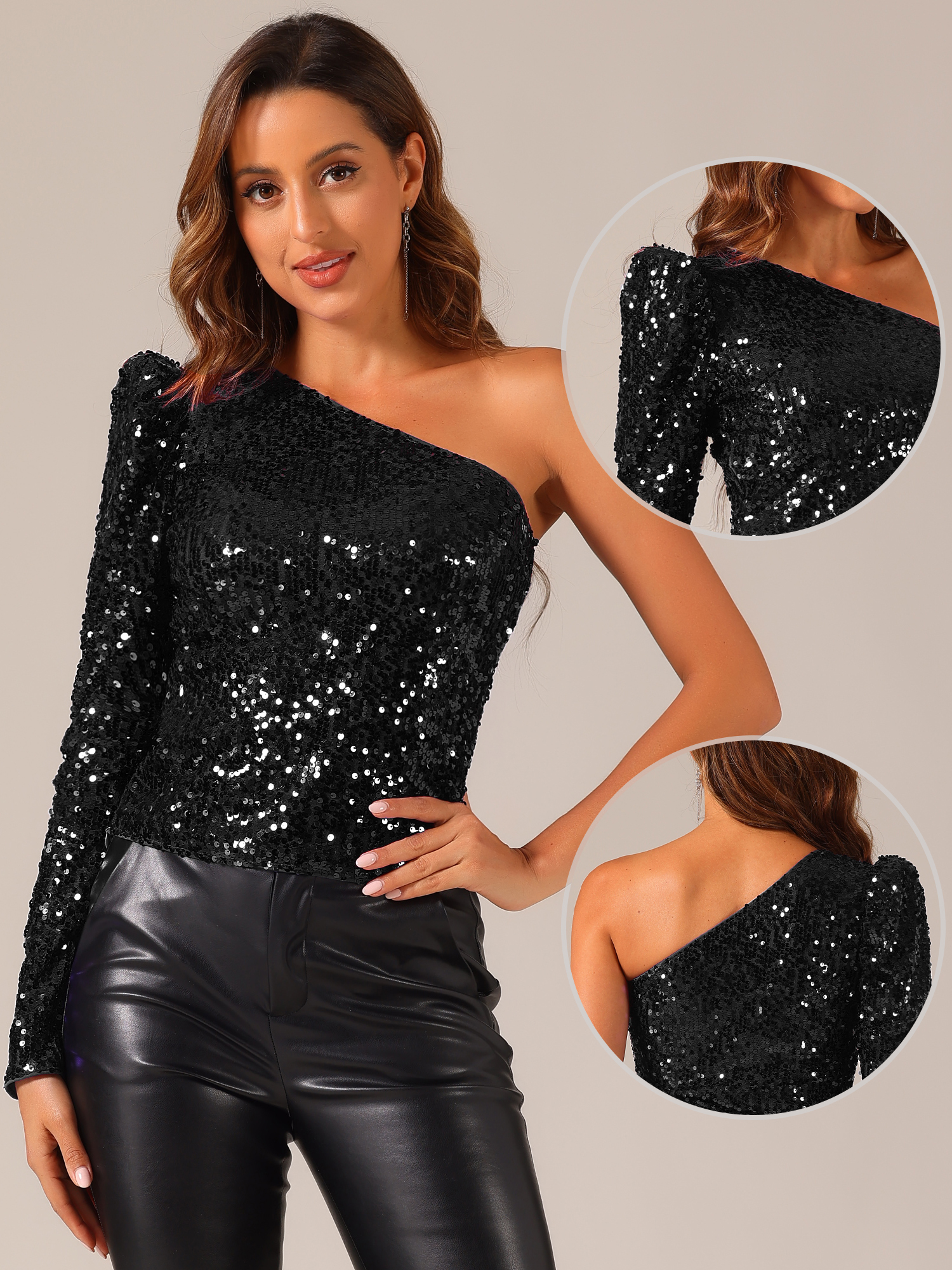 DARING DIVA Women's One Shoulder Puff Long Sleeve Shimmer Tops S Black