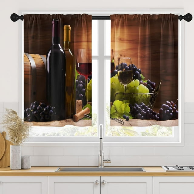 Red Wine Kitchen Curtains 36 Inch Length Vintage Window Short Tier Curtains Over Sink Set of 2, Grapes Glasses Farmhouse Small Kitchen Decor 26x36 Inch