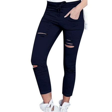 Red Pocket Jean - JustVH Women's Skinny Destroyed Solid Ankle Pencil Pant Ripped Distressed Stretch Jeans Slim Trousers