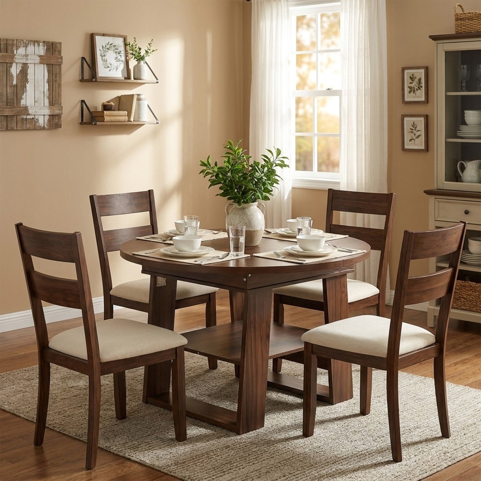 Leumius Extendable Dining Table for 4-6,Round-to-Oval Kitchen Table with Built-In Flip-Up Extension Leaf,Wooden Kitchen Table with Stable H-Shaped Base and Storage Shelf,Walnut