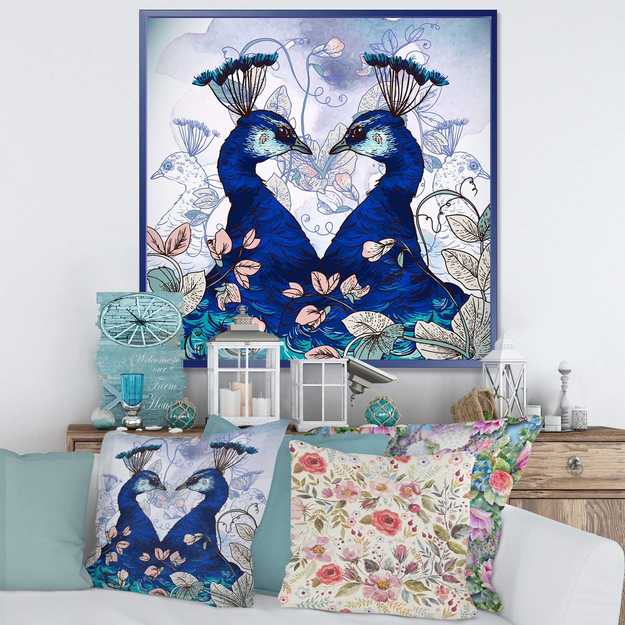 Designart 'Wildflowers With Two Blue Peacocks' Traditional Framed Canvas Wall Art Print
