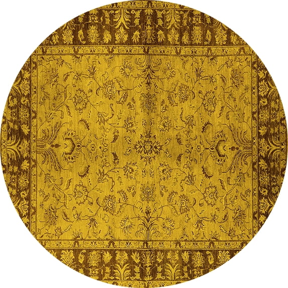 Ahgly Company Machine Washable Indoor Round Oriental Yellow Traditional Area Rugs, 5' Round