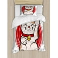 thumbnail image 1 of Japanese Cat Duvet Cover Set Twin Size, Cheerful Luck Cat with Cool Background, Decorative 2 Piece Bedding Set with 1 Pillow Sham, Vermilion Earth Yellow Salmon Charcoal Grey, by Ambesonne, 1 of 3