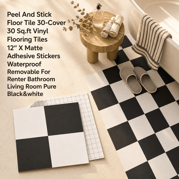 Peel and Stick Floor Tiles Black & White Checker 12x12 Inch 10 Count