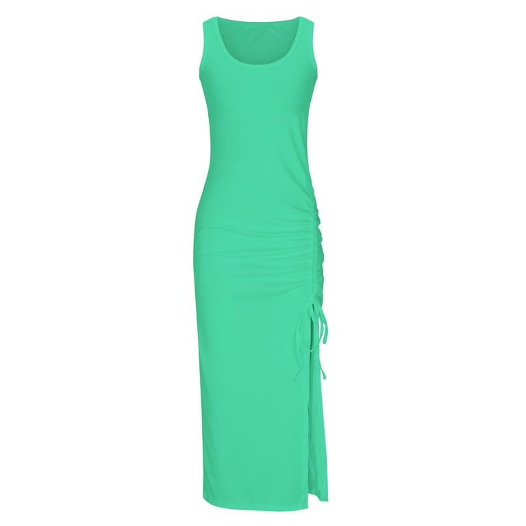 Tank Dresses for Women Ribbed Drawstring Slit Thigh High Maxi Dress  Sleeveless Summer Beach Wear Solid Long Dress