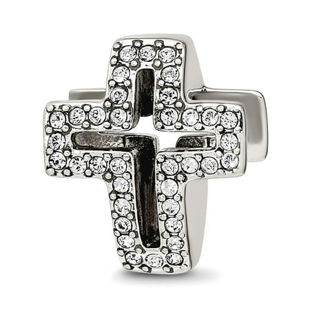 11.82mm 925 Sterling Silver Polished Reflections Crystals Pave Open Religious Faith Cross Bead Charm Pendant Necklace fo