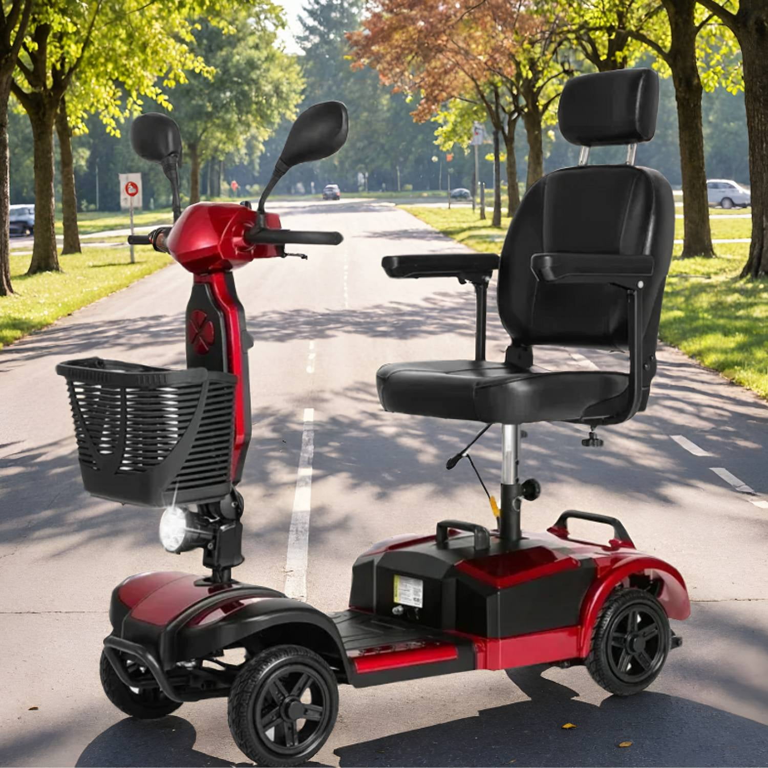 MaxKare 4-Wheel Mobility Scooter for Seniors, Heightened Thickened Seat with Pillow, Foldable Powered Mobile Wheelchair with Light & Basket for Travel, 330lbs, Red