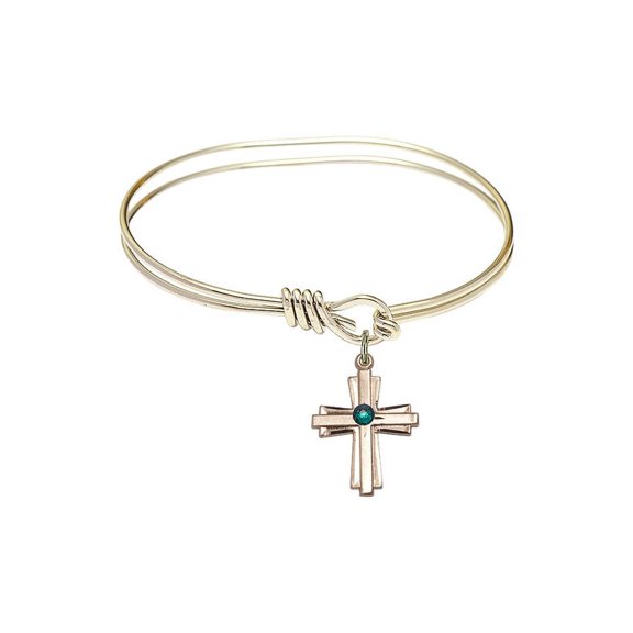 5 3/4 inch Oval Eye Hook Bangle Bracelet w/ Cross medal charm w/ May Green Swarovski Crystal