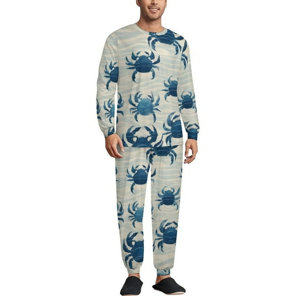 Crab Blue Men's Pajama Set Sleepwear Pjs Lightweight Long Sleeve Crewneck Shirts and Bottoms Soft Comfy Sleep Sets XS