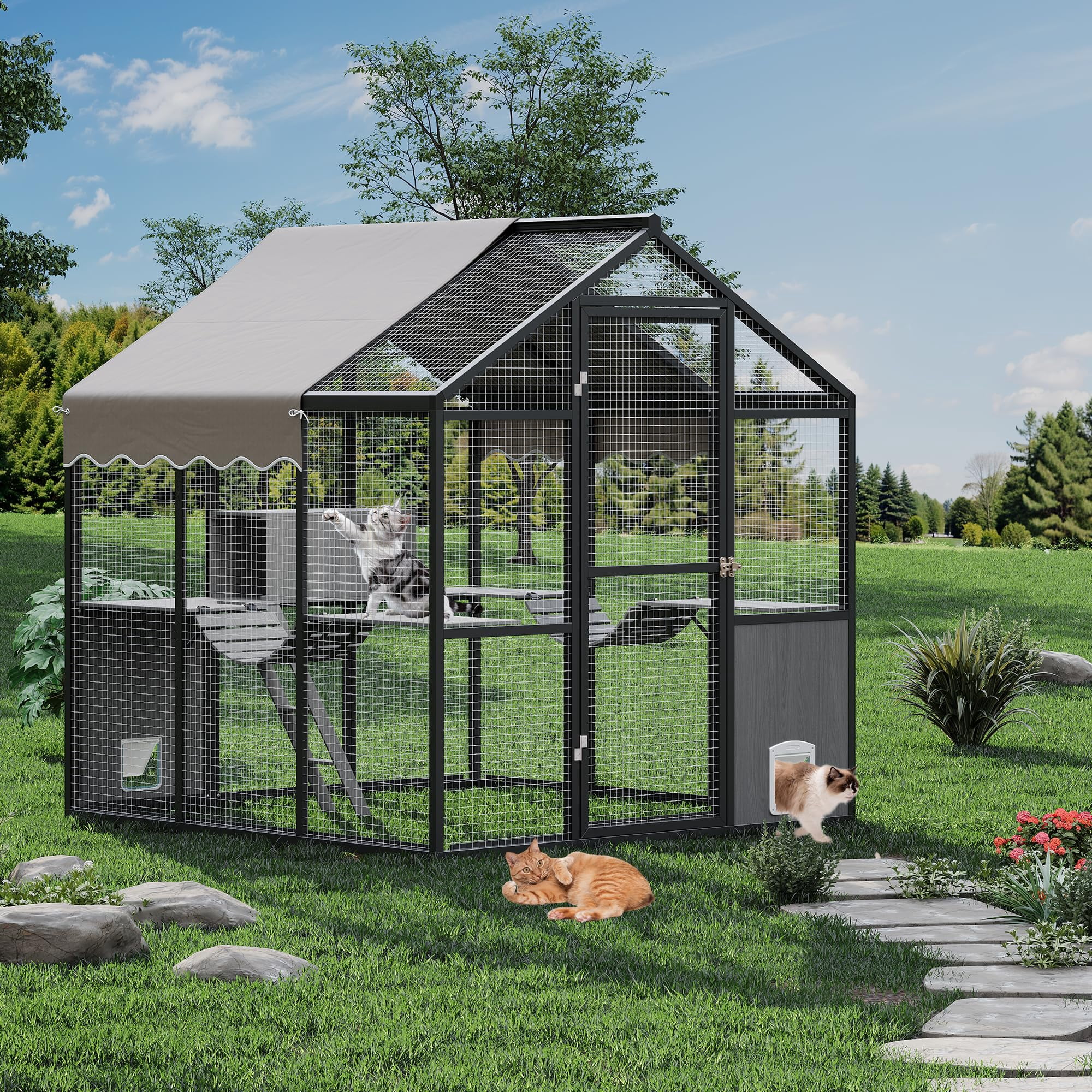Extra Large Outdoor Catio Enclosure, Weatherproof UV-Proof Roof, Walk-in Cat Cage with Channels, Side Door, Platform & Huge Condo for Multiple Cats