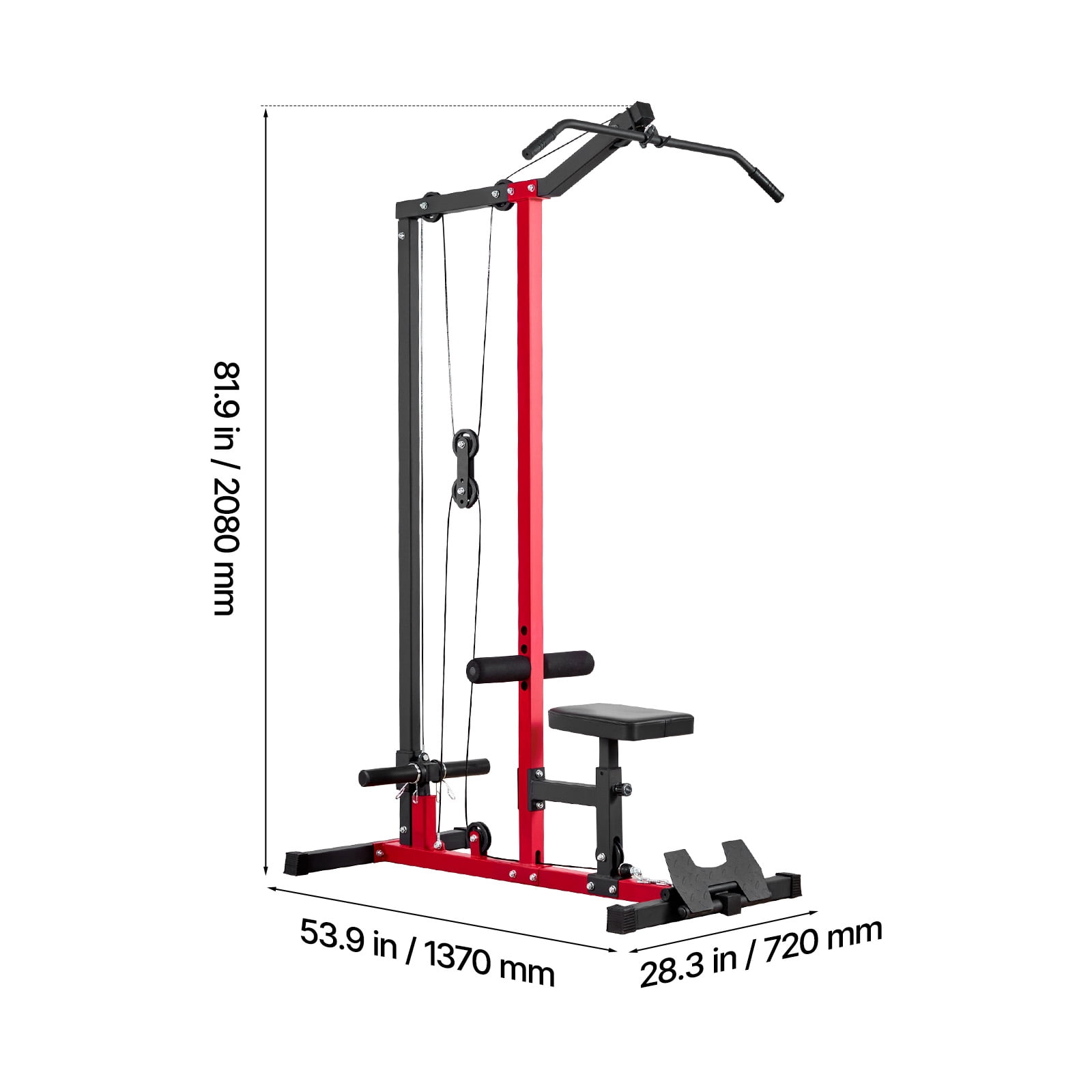 KFFKFF 2-in-1 LAT Pull Down and Row Machine, Adjustable Cable System for Home Gym, Features 3-Level Seat and 4-Level Foam Roller, Supports Up to 500 lbs, Ideal for Back, Chest, Black and Red