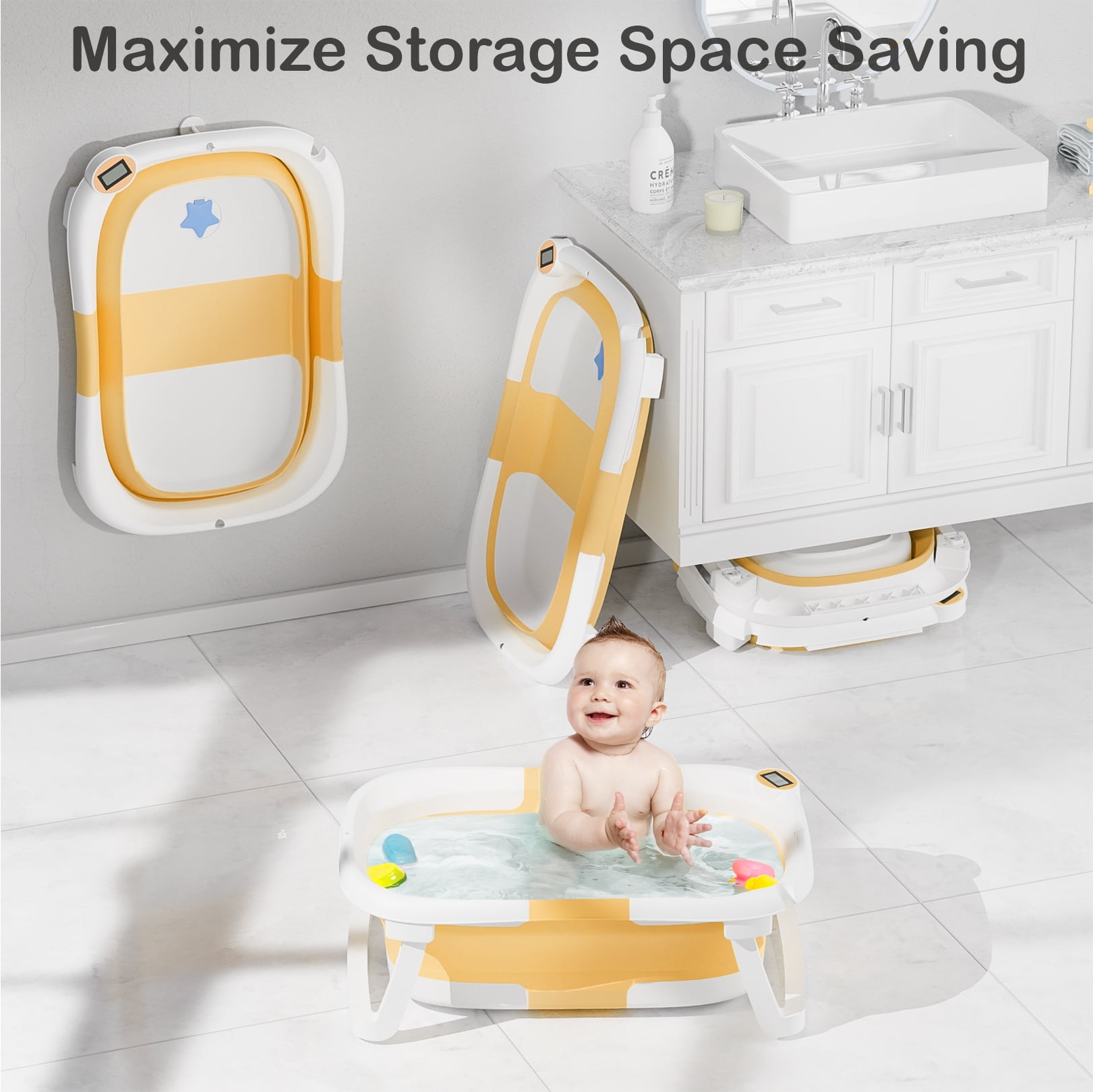 TUMAJUP Collapsible Baby Bathtub for Infants and Toddlers with Bath Net and Thermometer-Yellow