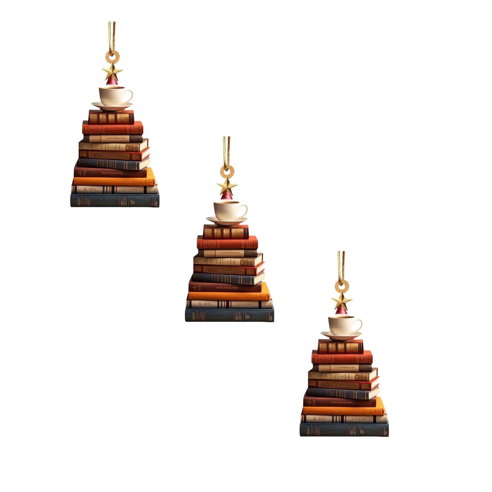 XINGAG 2D Acrylic Christmas Tree Ornament Book Stack and Book Tree Pattern Hanging Decor with Gold Rope for Christmas Tree Home and Library Holiday Decoration 3Pcs