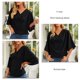 thumbnail image 5 of Tops fruncidos para mujer, cuello en V, manga corta de murciélago, blusa informal holgada de Color puro para mujer, para fiesta, oficina, viajes, negro M, 5 of 6